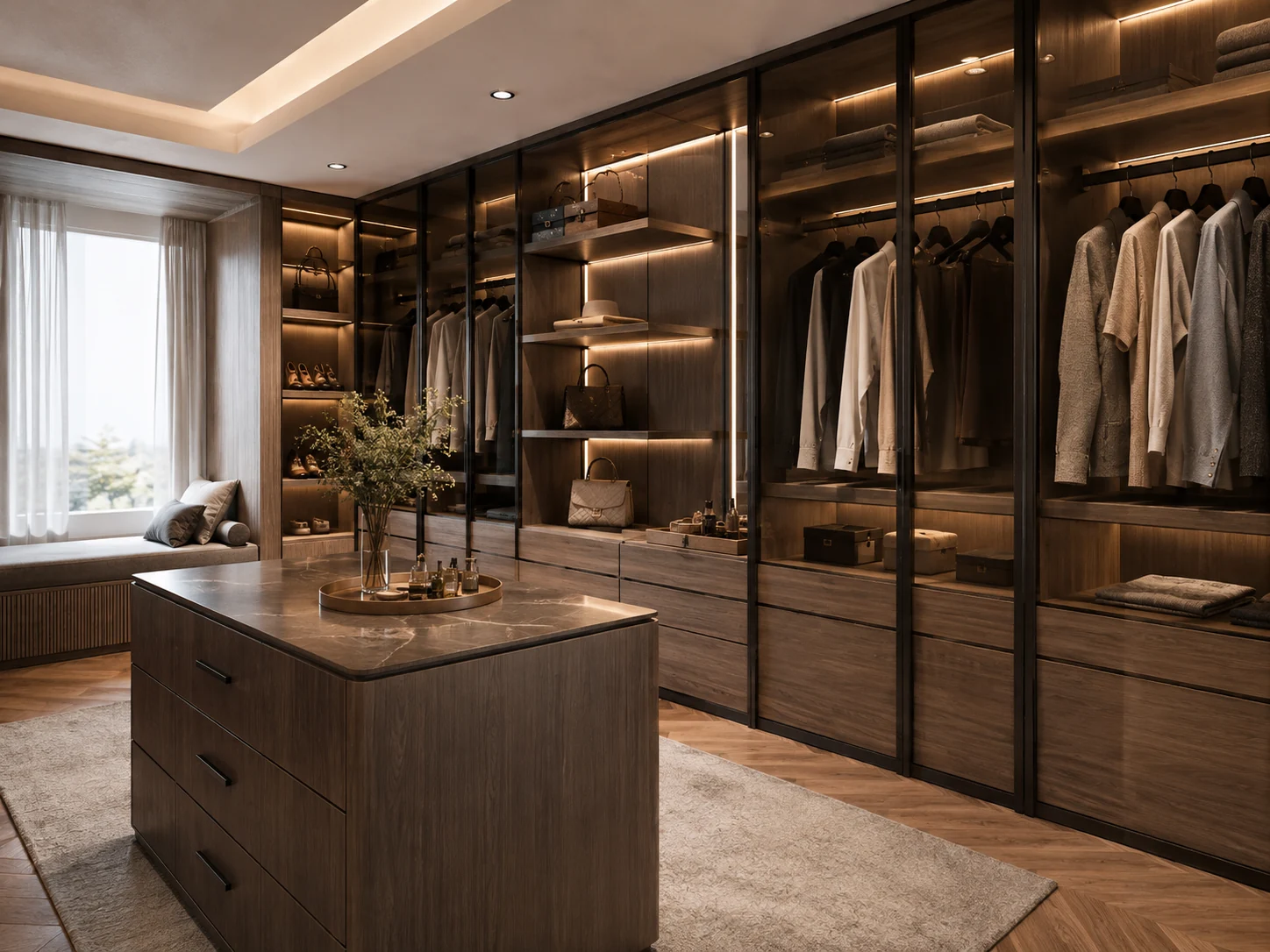 Representative premium walk-in closet application using warm woodgrain surfaces