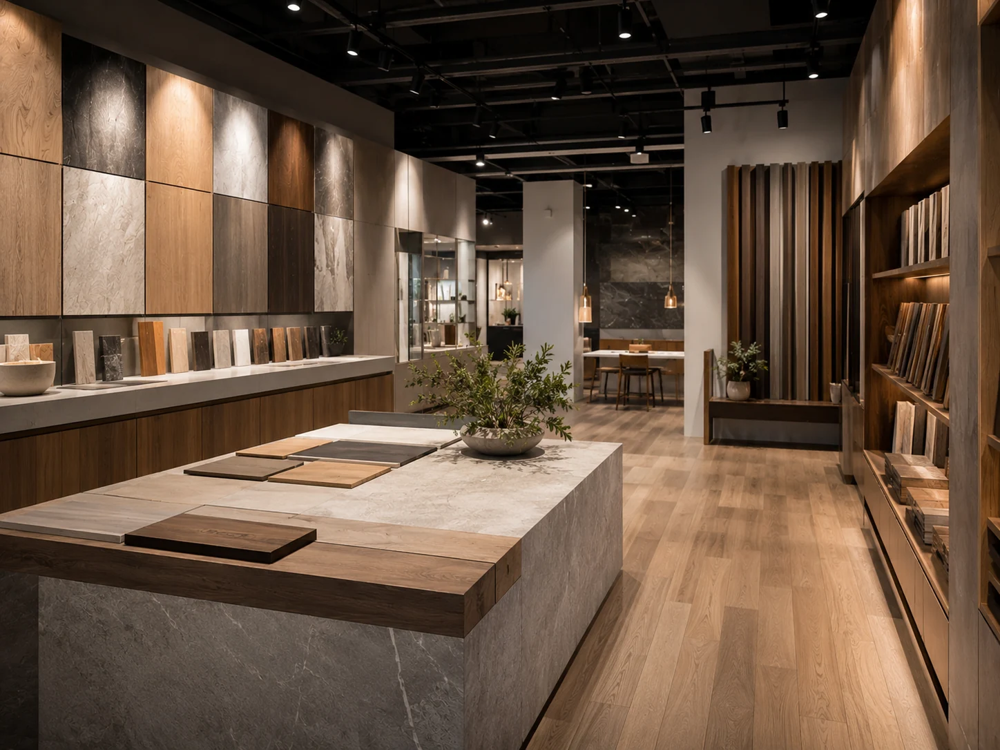 Representative showroom application featuring material display surfaces